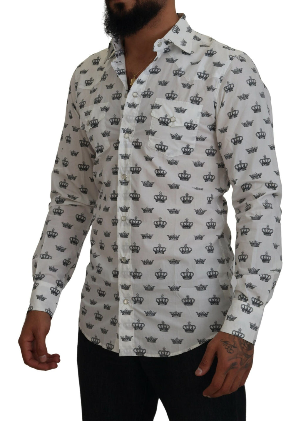 Dolce &amp; Gabbana White Crown Print Slim Fit Cotton Shirt