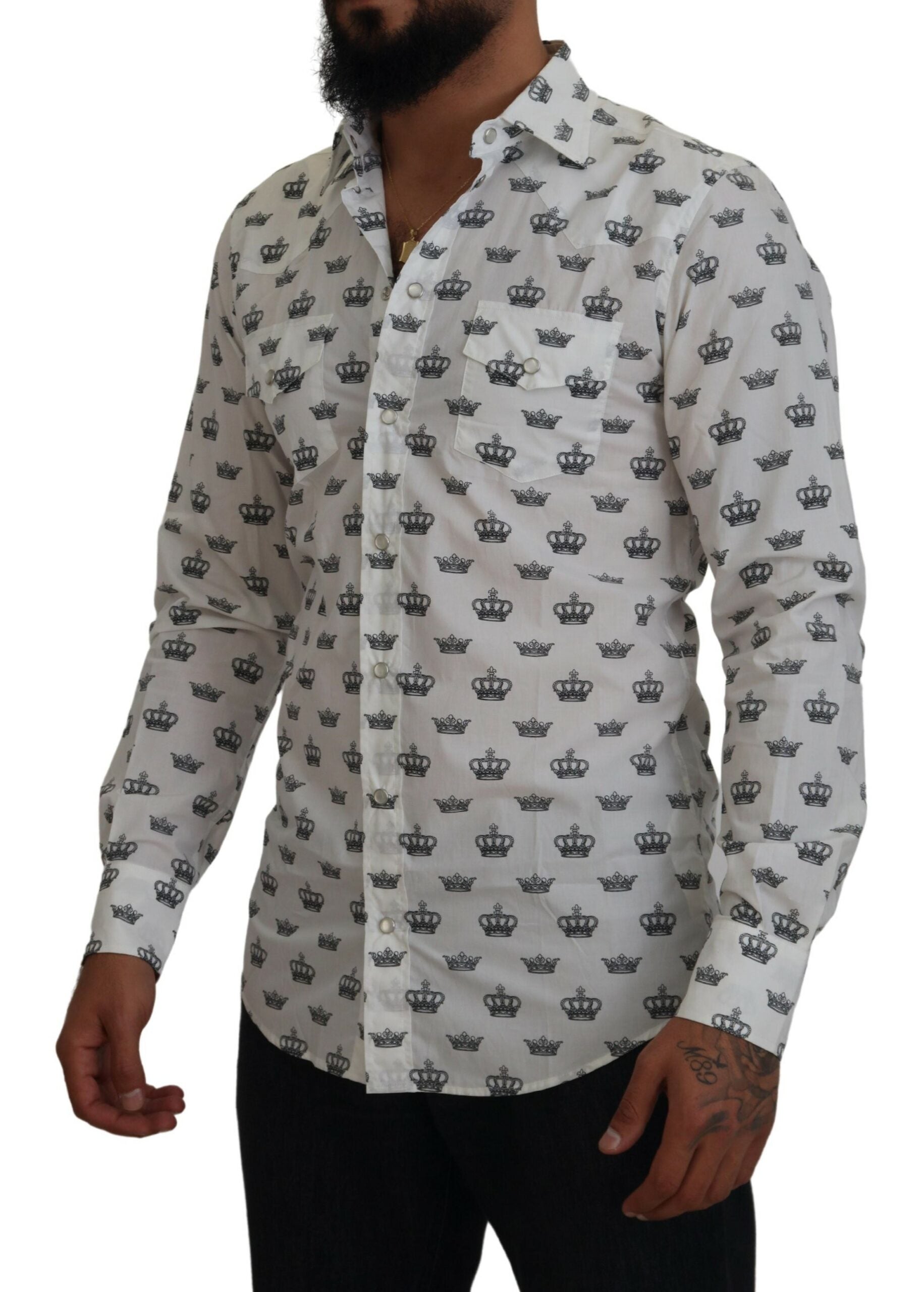 Dolce &amp; Gabbana White Crown Print Slim Fit Cotton Shirt