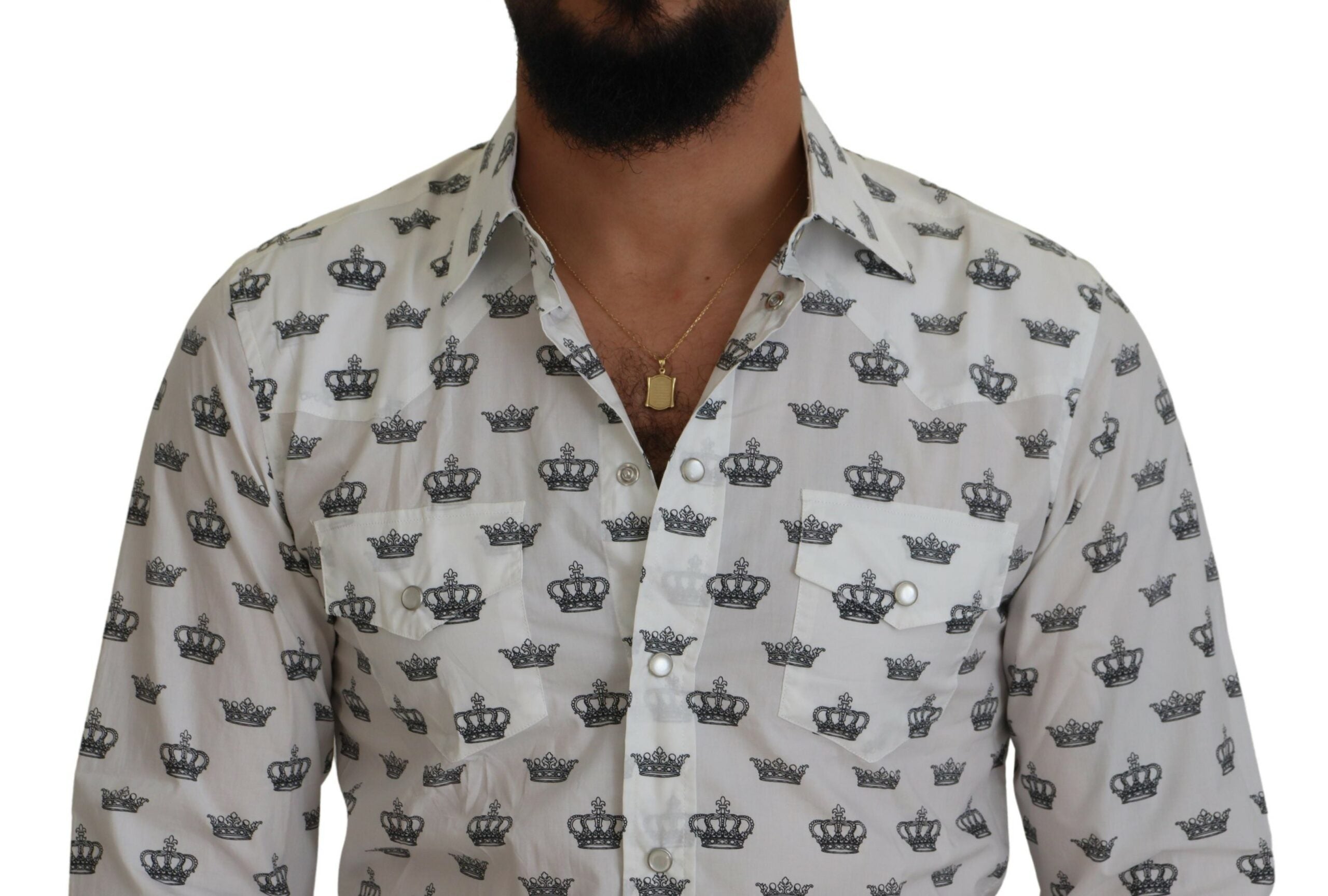 Dolce &amp; Gabbana White Crown Print Slim Fit Cotton Shirt