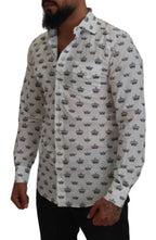 Dolce &amp; Gabbana White Crown Print Slim Fit Cotton Shirt