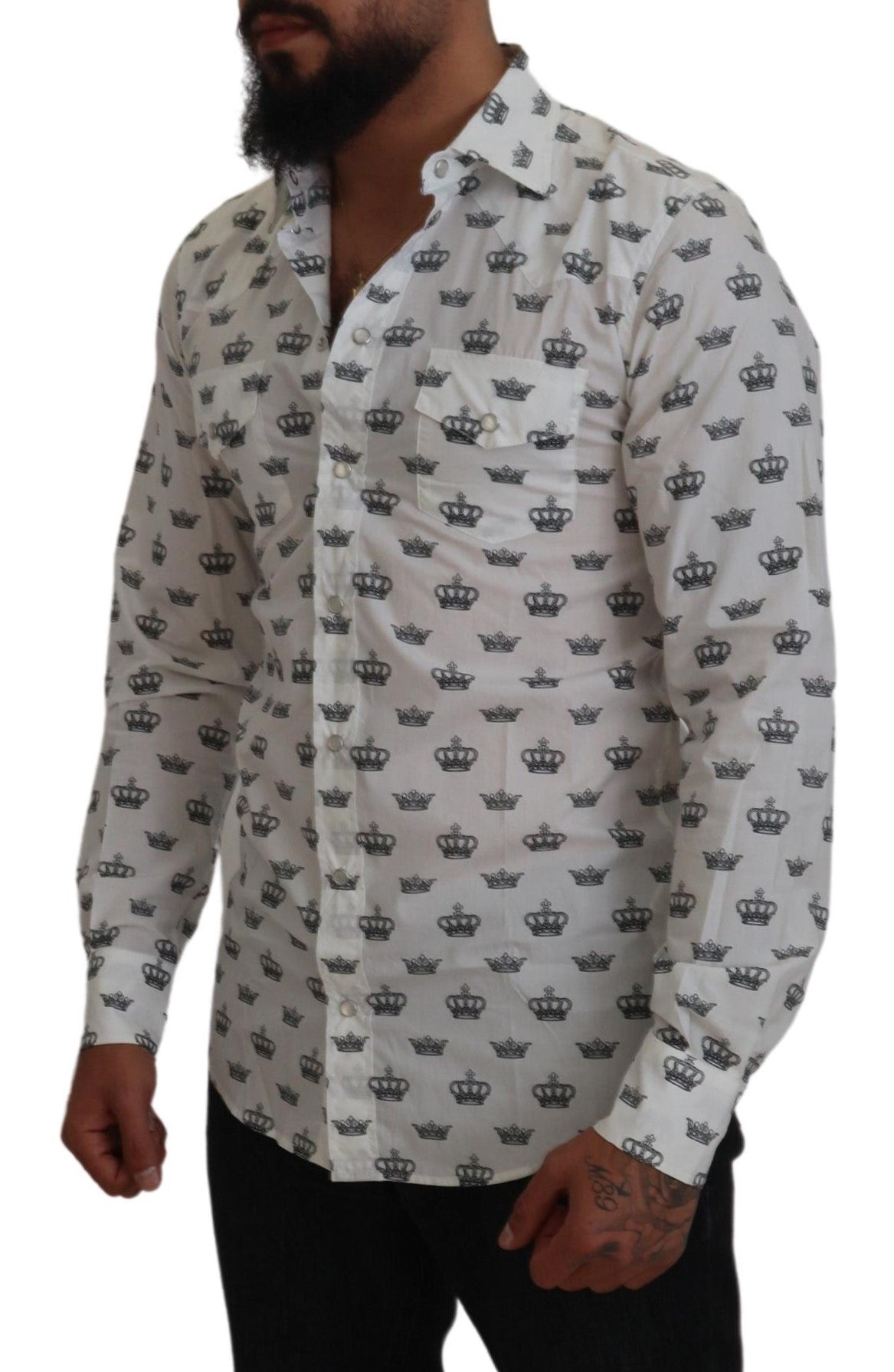 Dolce &amp; Gabbana White Crown Print Slim Fit Cotton Shirt