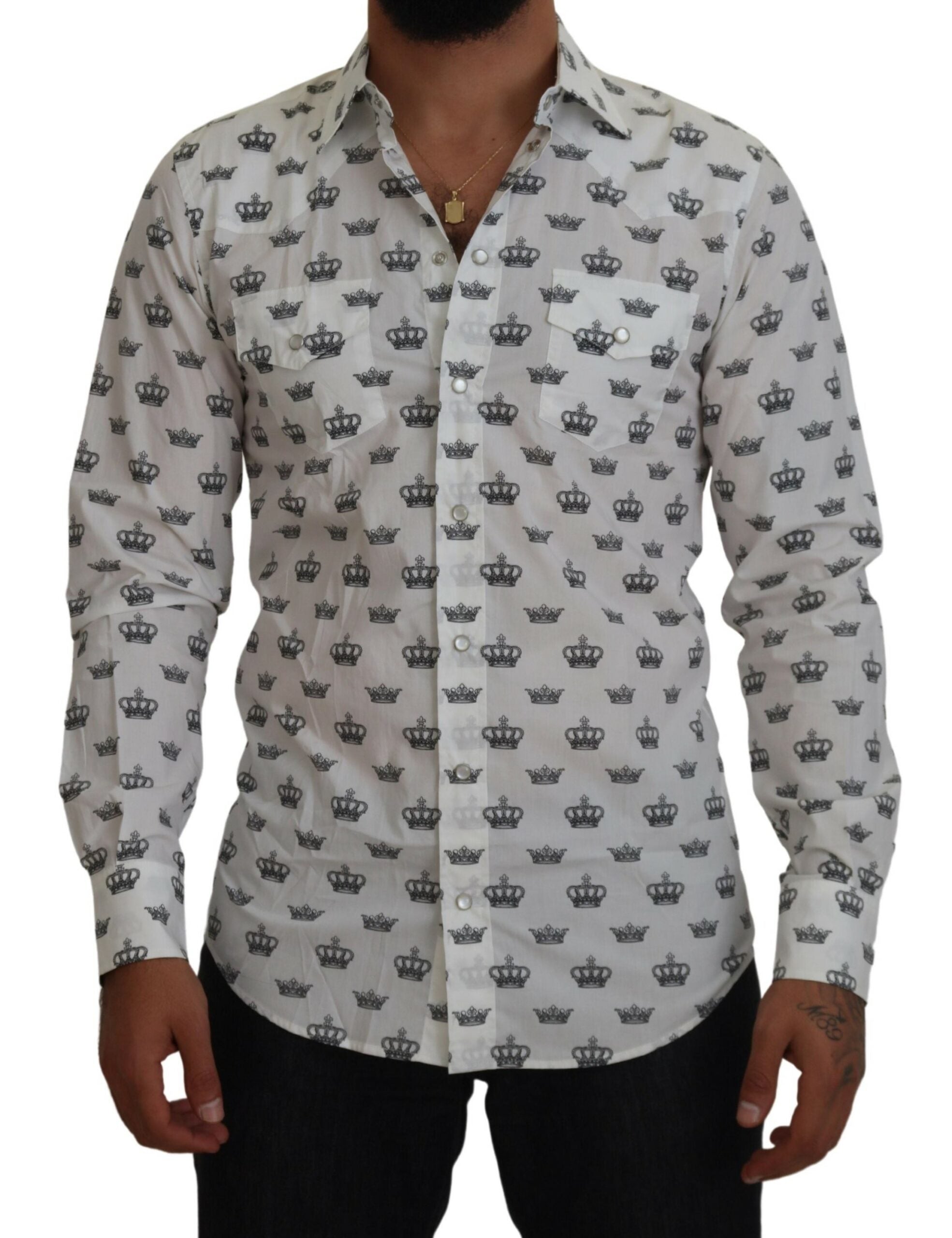 Dolce &amp; Gabbana White Crown Print Slim Fit Cotton Shirt