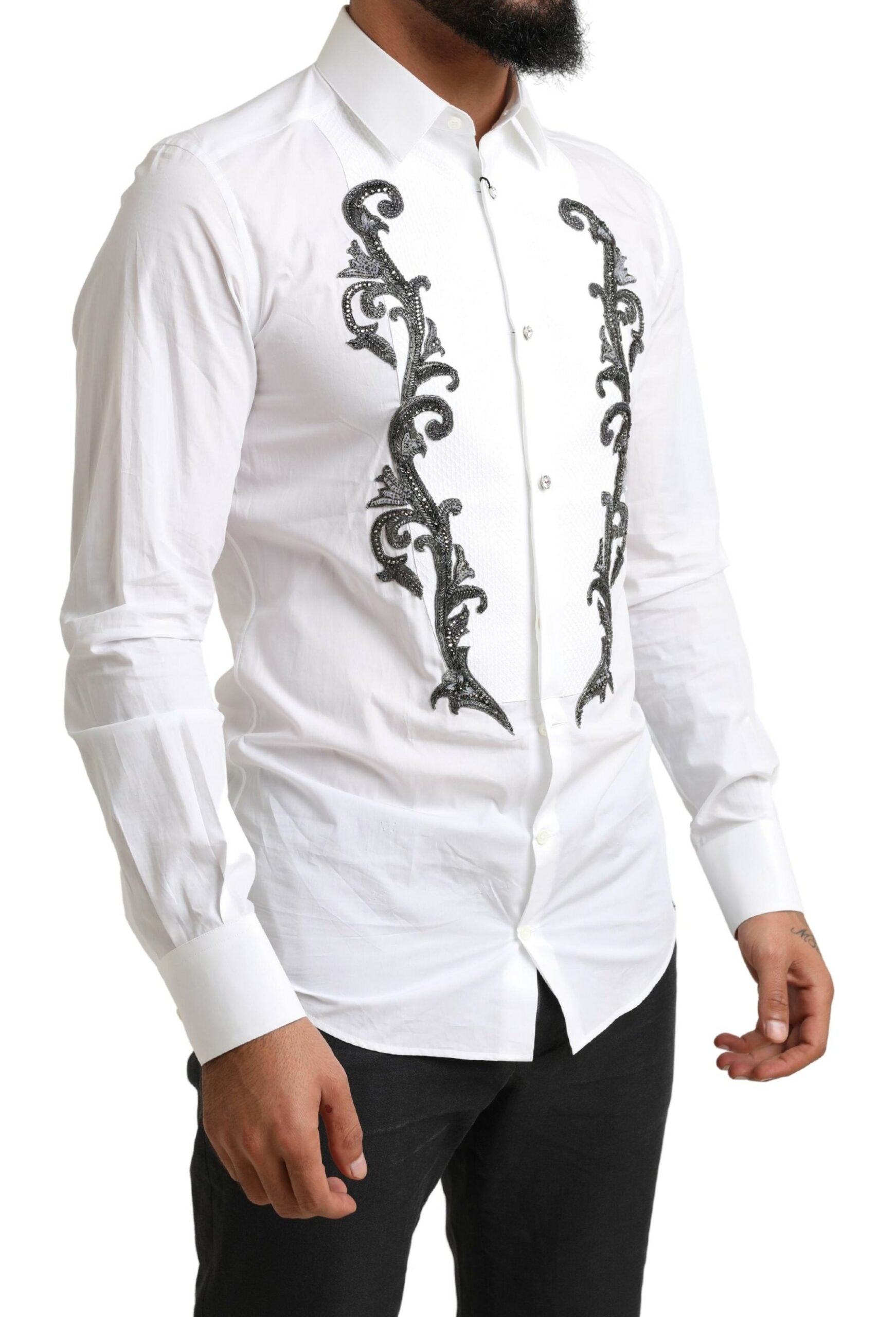 Dolce &amp; Gabbana White Tuxedo Slim Fit Baroque Shirt