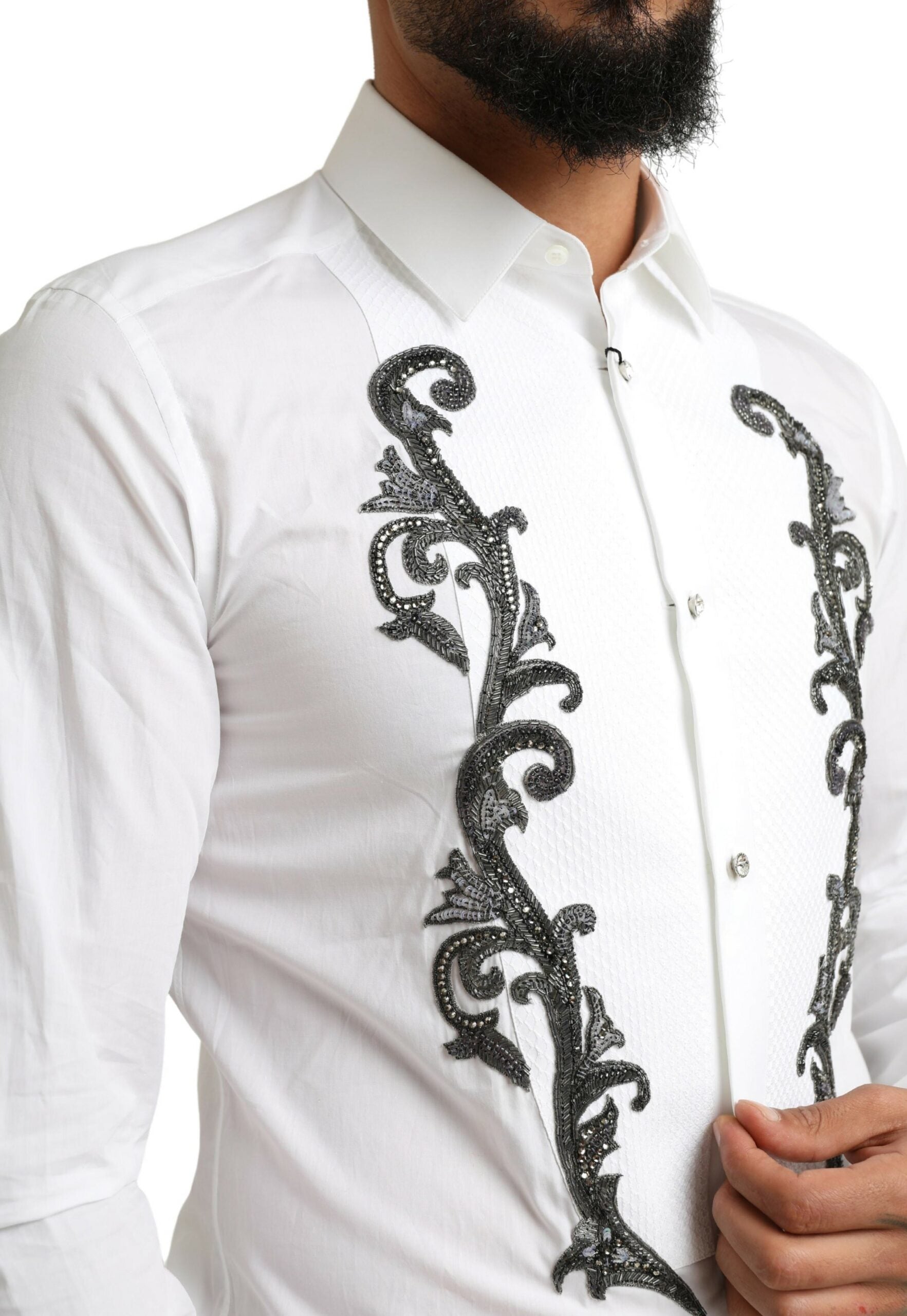 Dolce &amp; Gabbana White Tuxedo Slim Fit Baroque Shirt