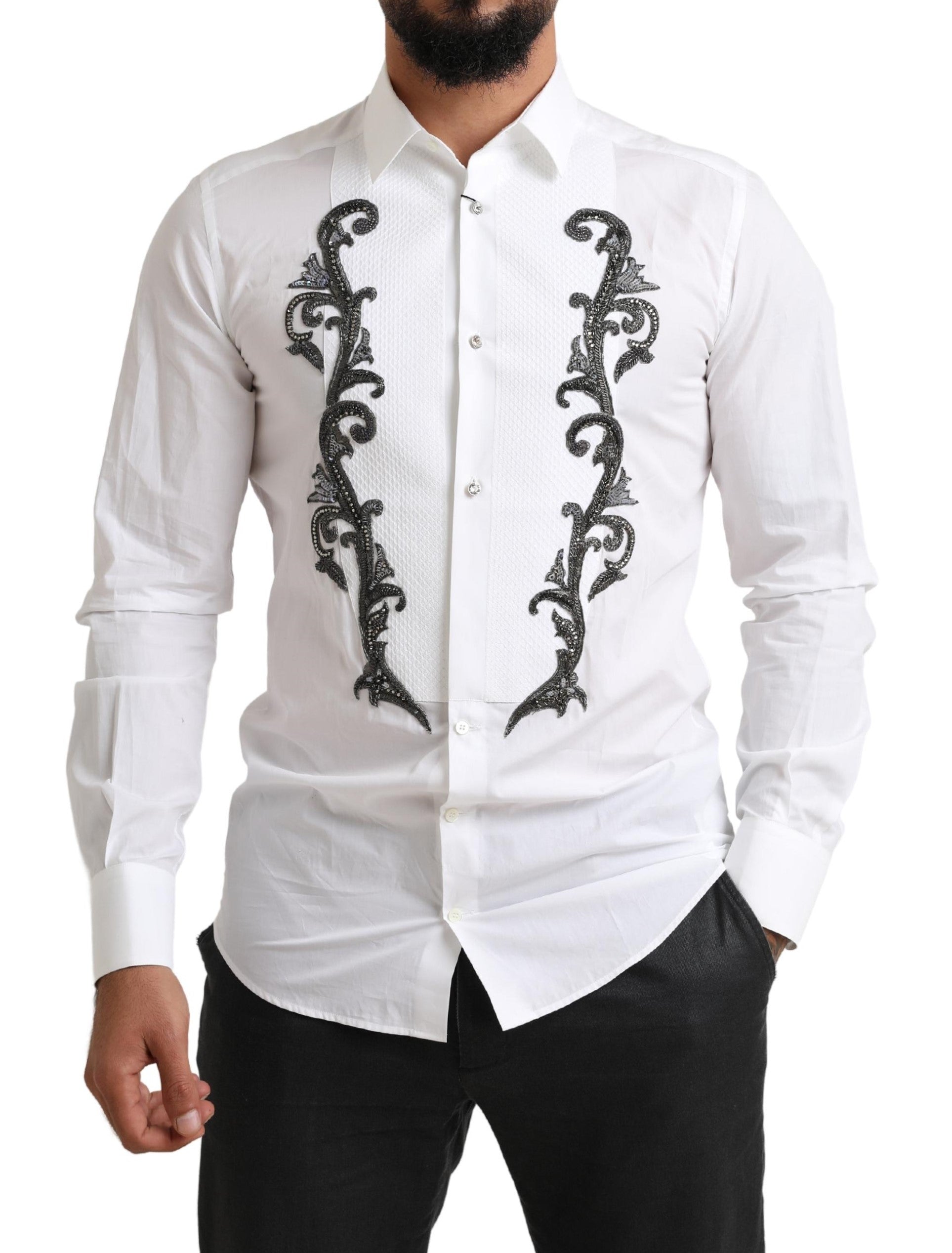 Dolce &amp; Gabbana White Tuxedo Slim Fit Baroque Shirt