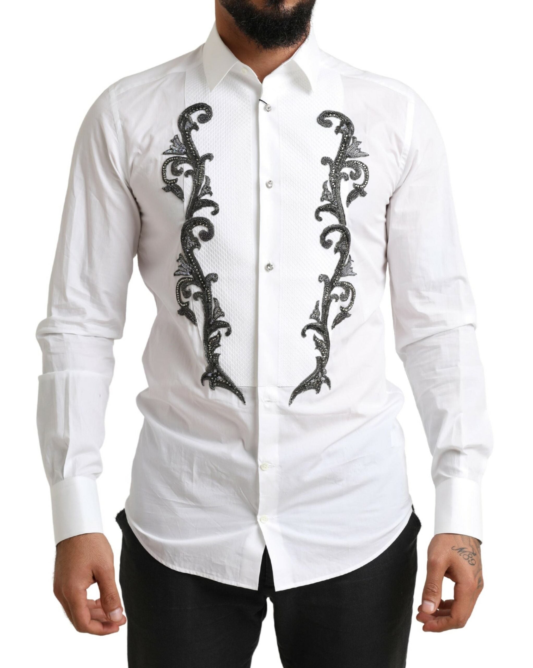 Dolce &amp; Gabbana White Tuxedo Slim Fit Baroque Shirt