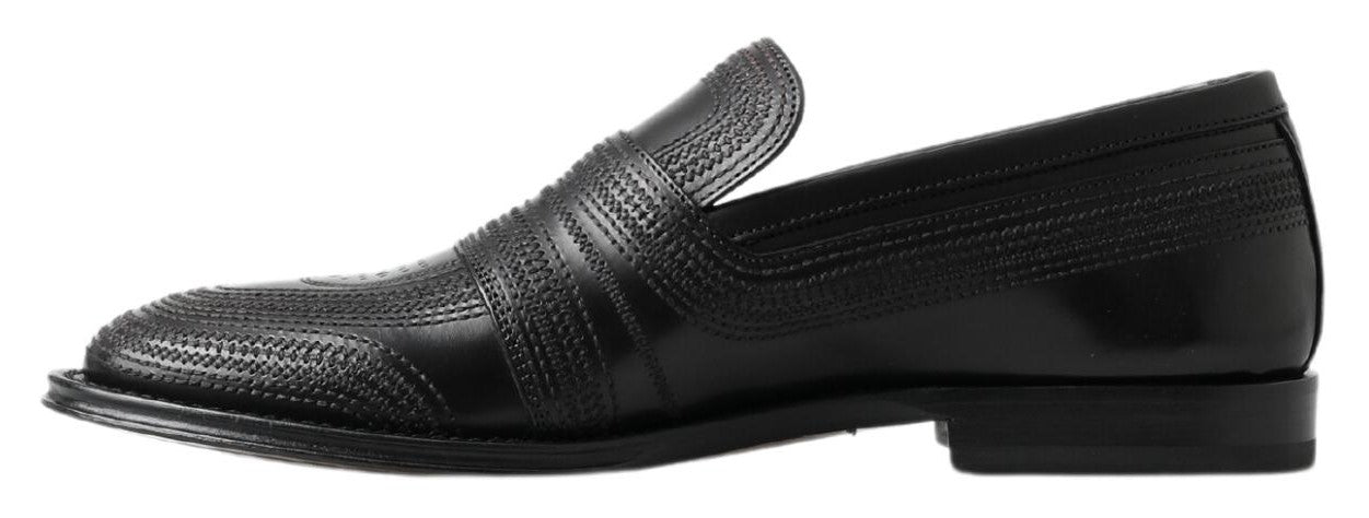 Dolce &amp; Gabbana Black Leather Slipper Loafers Stitched Shoes