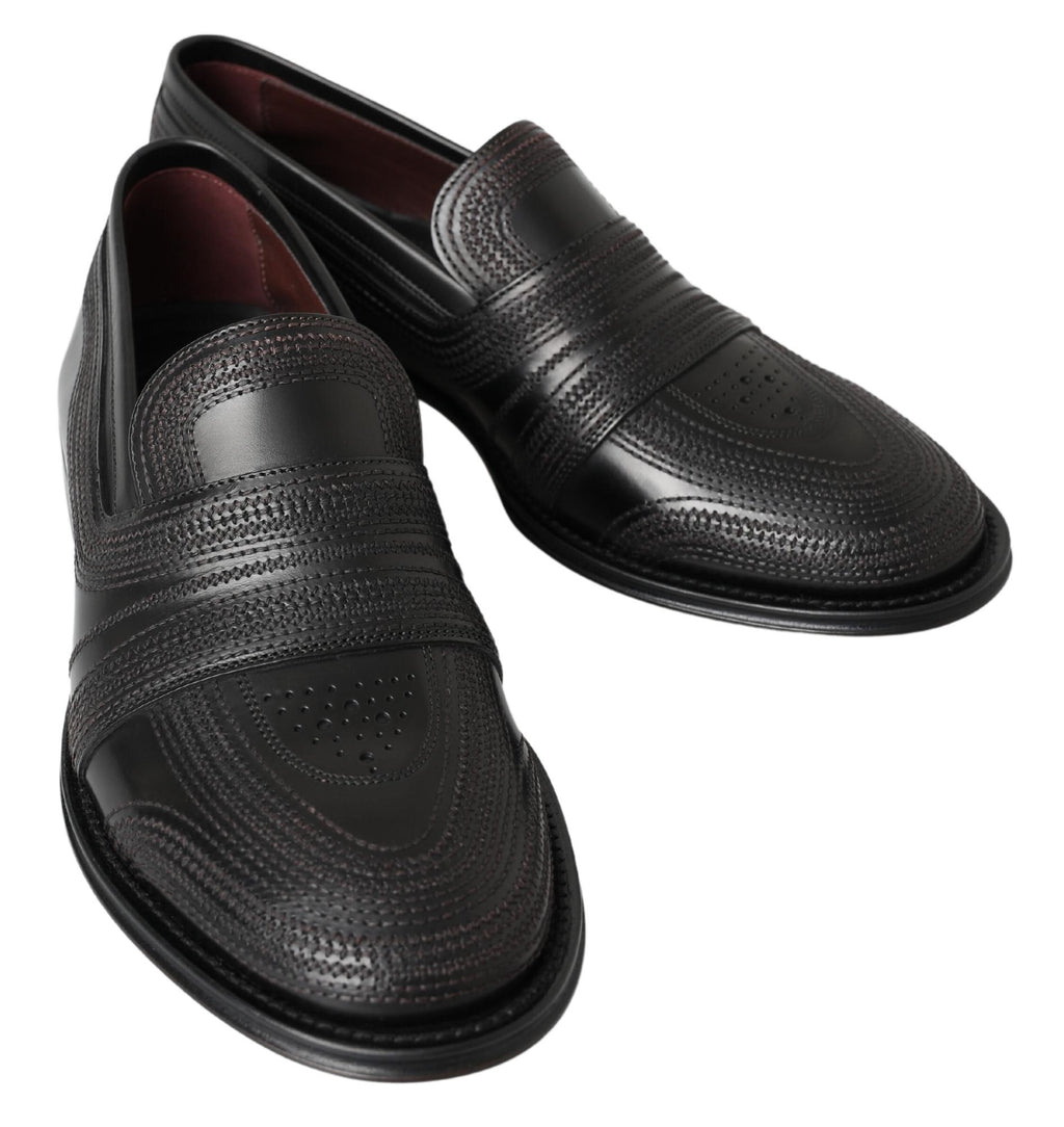 Dolce &amp; Gabbana Black Leather Slipper Loafers Stitched Shoes