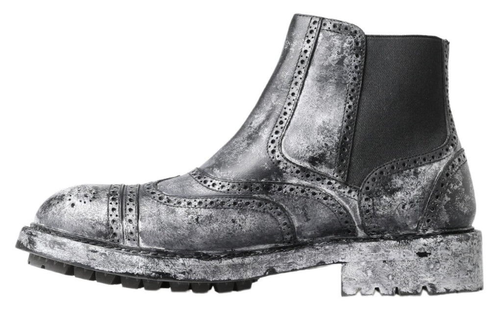 Dolce &amp; Gabbana Black Gray Leather Ankle Boots