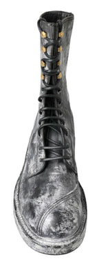 Dolce &amp; Gabbana Black Gray Leather Mid Calf Boots Shoes