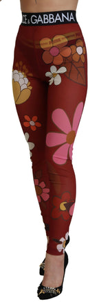 Dolce &amp; Gabbana Red Floral Leggings Stretch Waist Pants