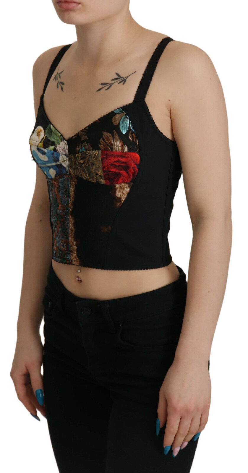 Dolce &amp; Gabbana Black Patchwork Sicily Blouse Corset Cropped Top
