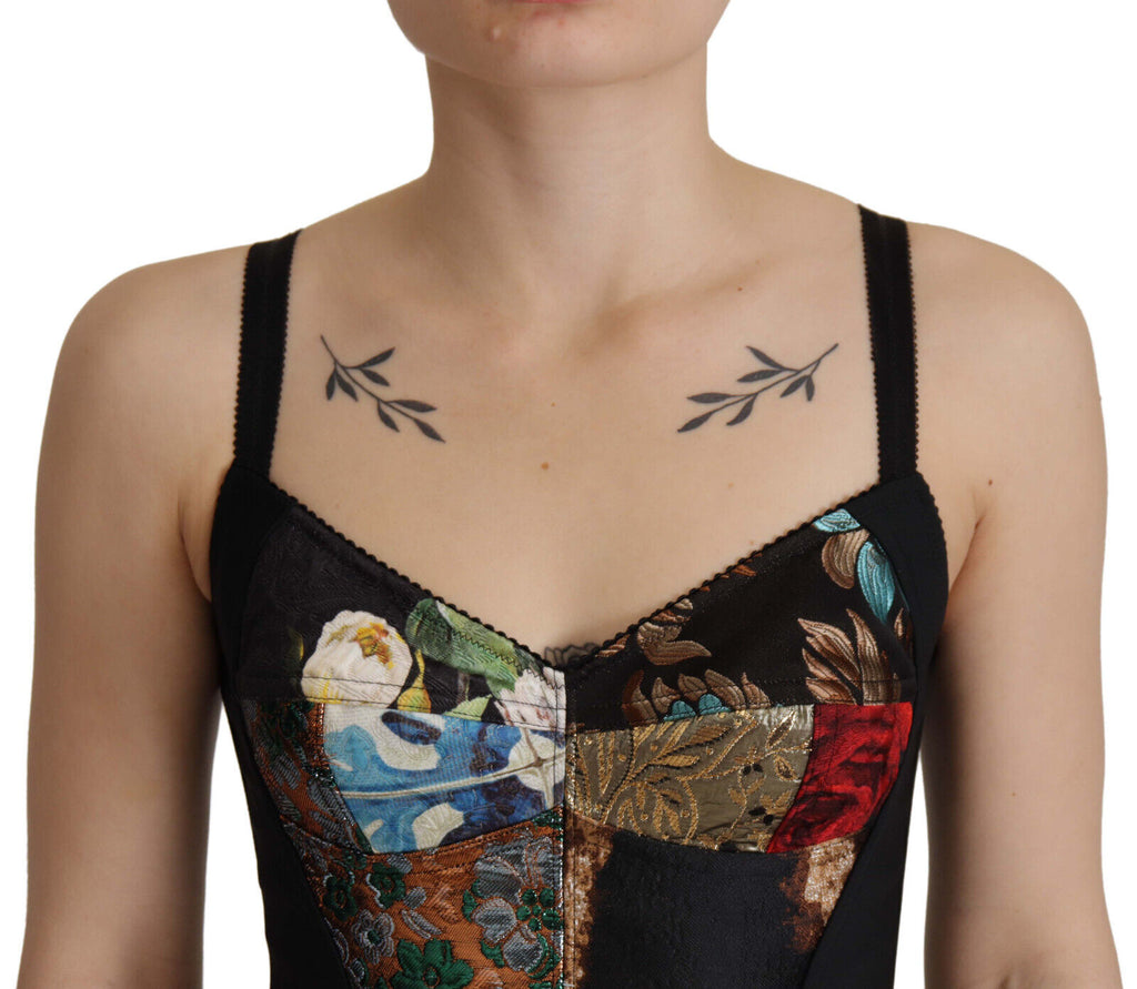 Dolce &amp; Gabbana Black Patchwork Sicily Blouse Corset Cropped Top