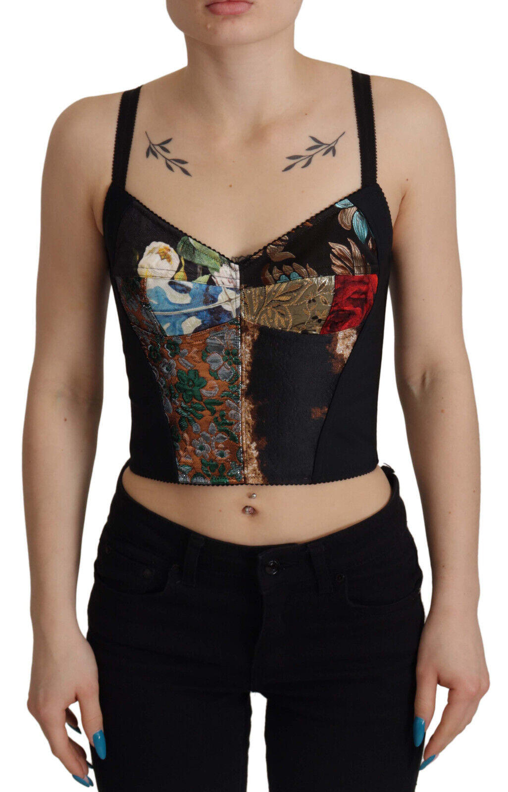 Dolce &amp; Gabbana Black Patchwork Sicily Blouse Corset Cropped Top