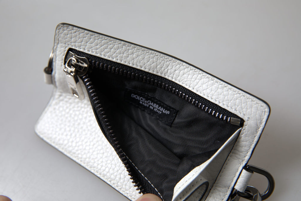Dolce &amp; Gabbana White Leather Lanyard Logo Card Holder Men Wallet