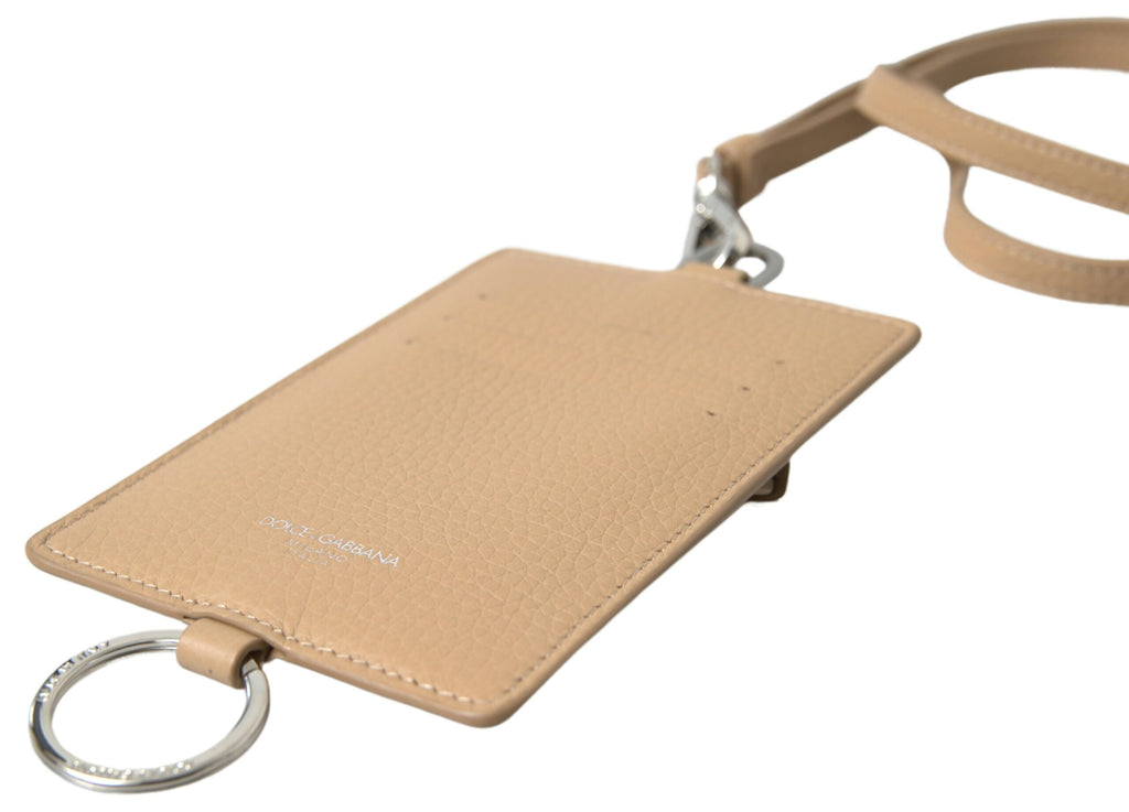 Dolce &amp; Gabbana Beige Leather Lanyard Logo Card Holder Men Wallet