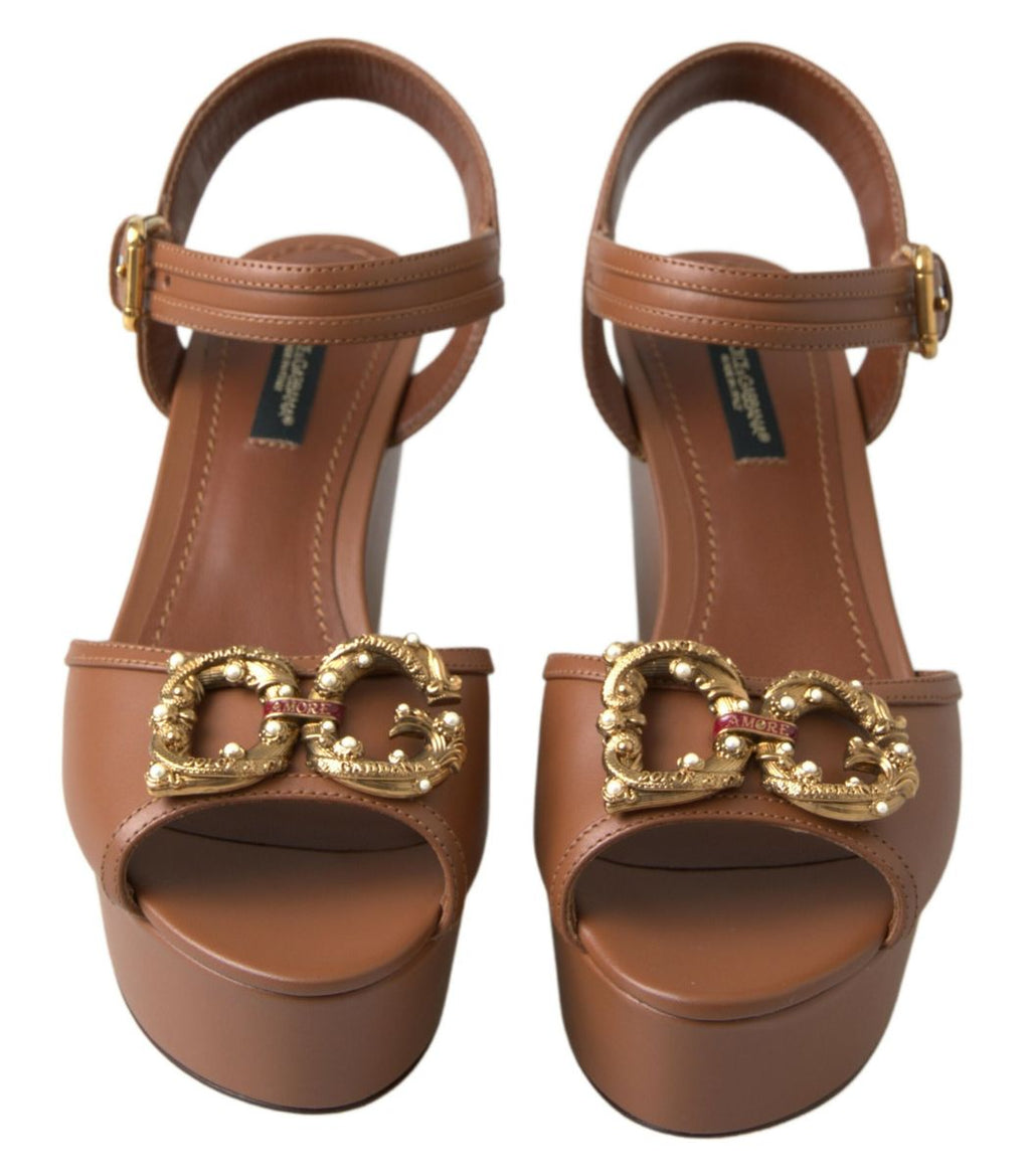 Dolce &amp; Gabbana Brown Leather AMORE Wedges Sandals Shoes