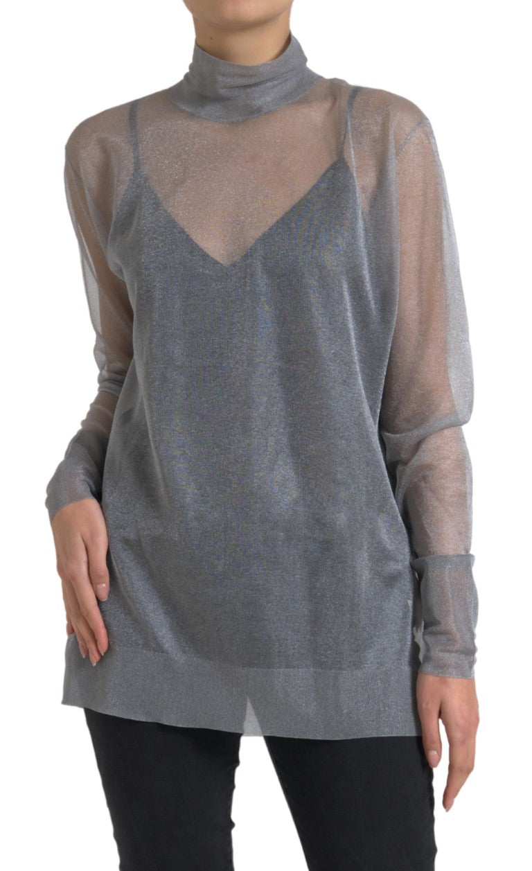 Dolce &amp; Gabbana Gray Mesh Turtleneck Long Sleeve Blouse Top