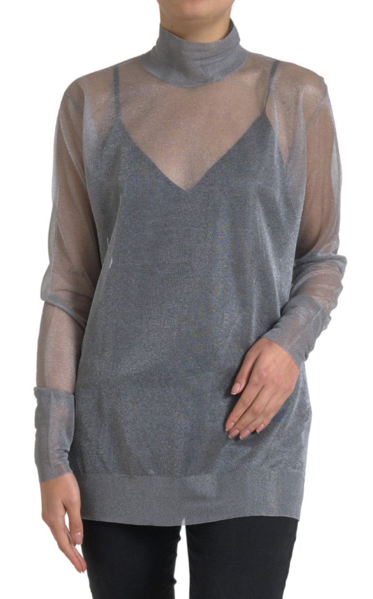 Dolce &amp; Gabbana Gray Mesh Turtleneck Long Sleeve Blouse Top