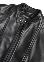 Dolce &amp; Gabbana Black Leather Zipper Coat Men Jacket