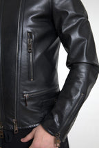 Dolce &amp; Gabbana Black Leather Zipper Coat Men Jacket