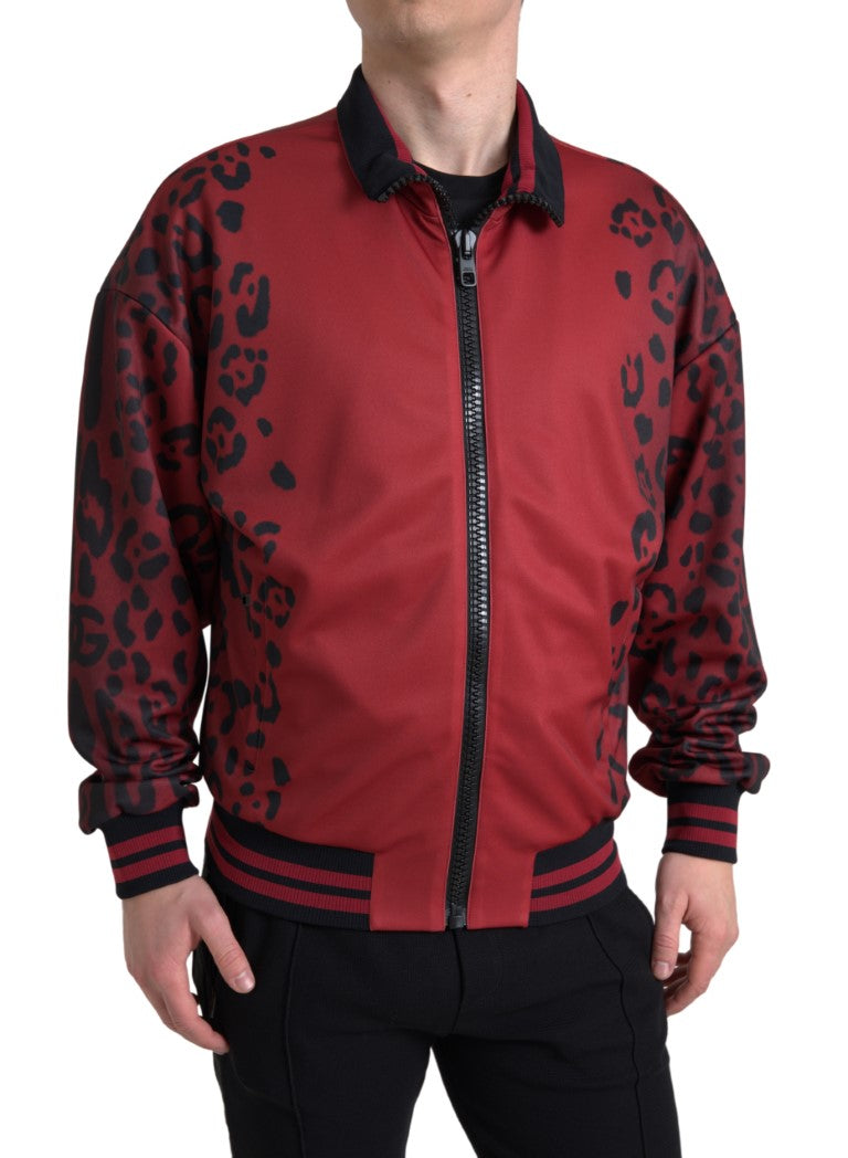 Dolce &amp; Gabbana Red Leopard Polyester Bomber Full Zip Jacket