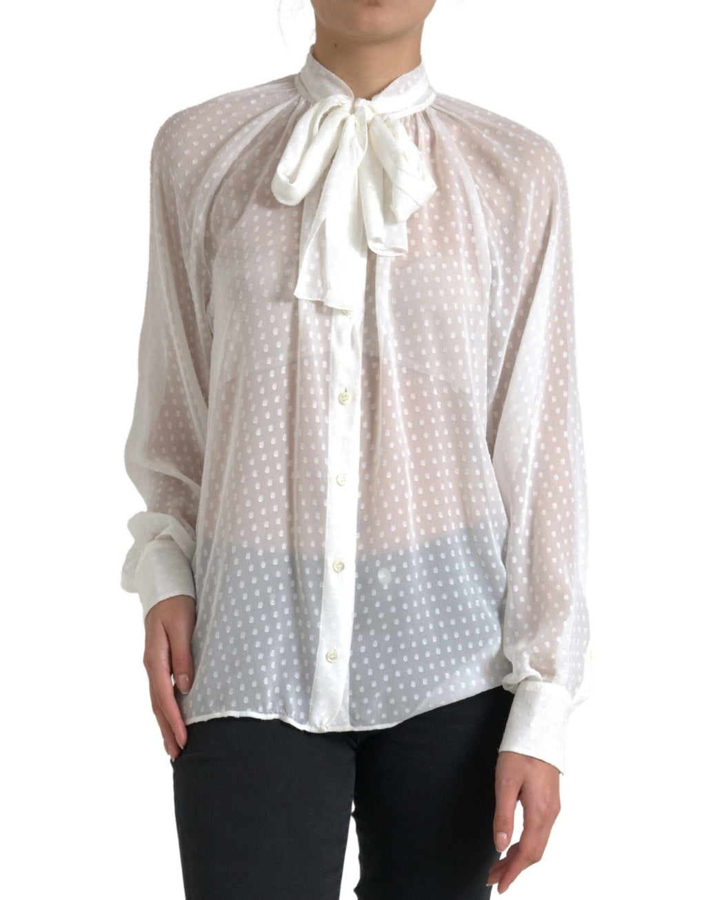 Dolce &amp; Gabbana White Silk Sheer Tied Neck Polka Dots Blouse