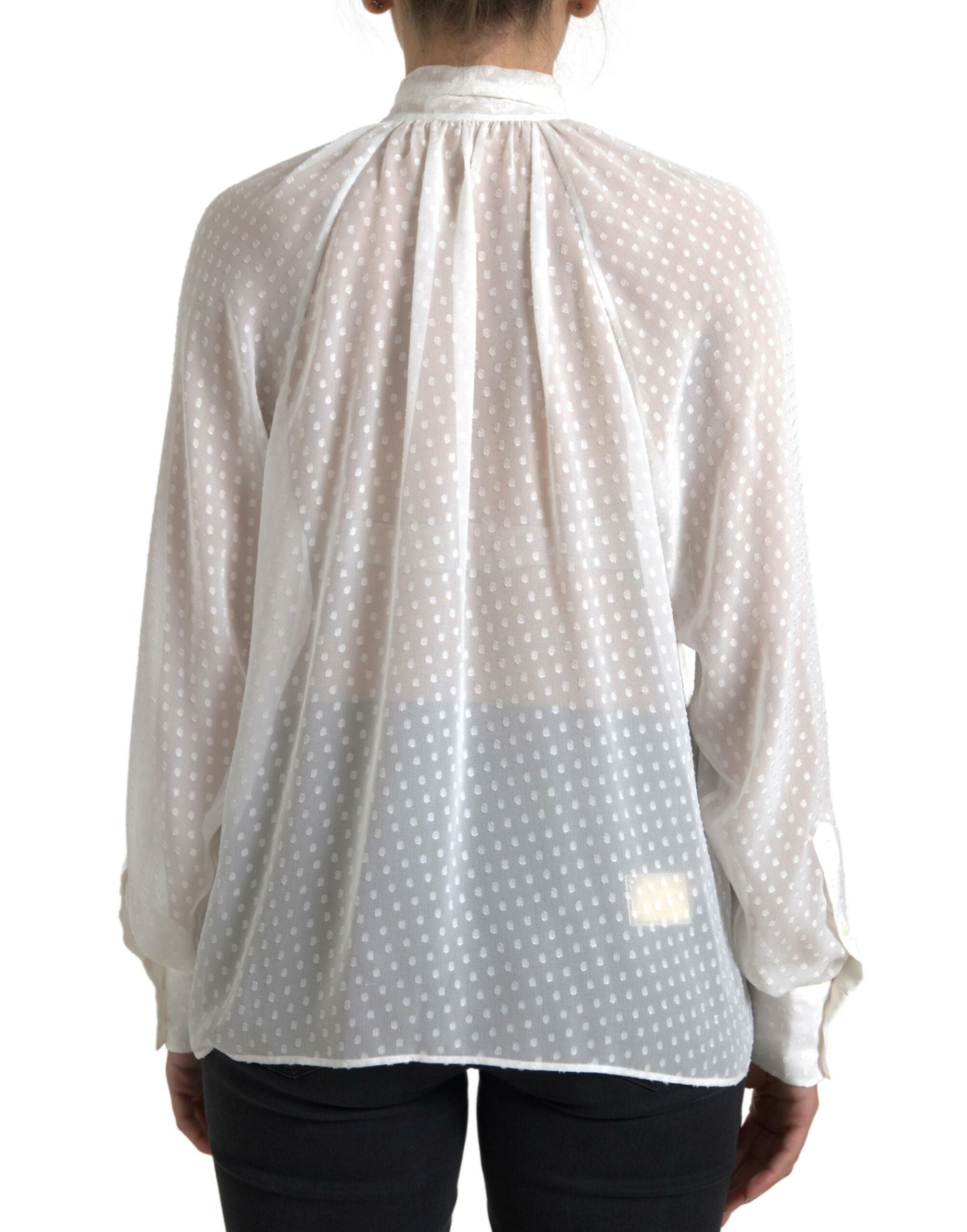 Dolce &amp; Gabbana White Silk Sheer Tied Neck Polka Dots Blouse