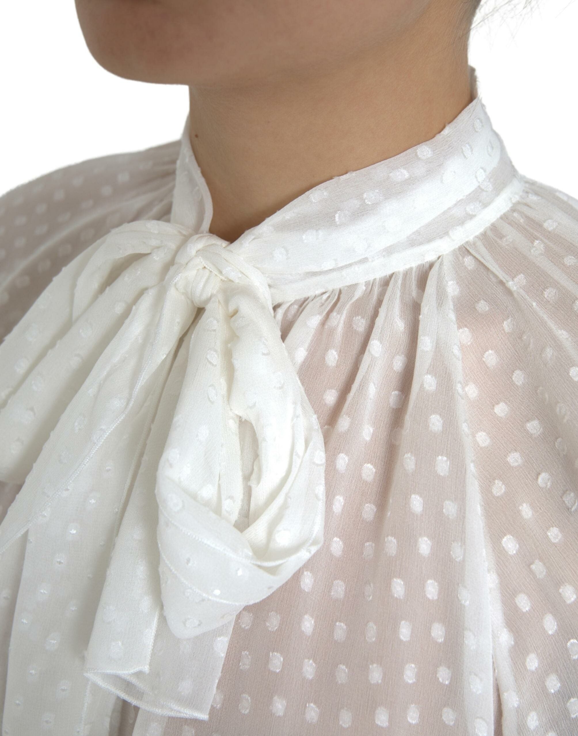 Dolce &amp; Gabbana White Silk Sheer Tied Neck Polka Dots Blouse