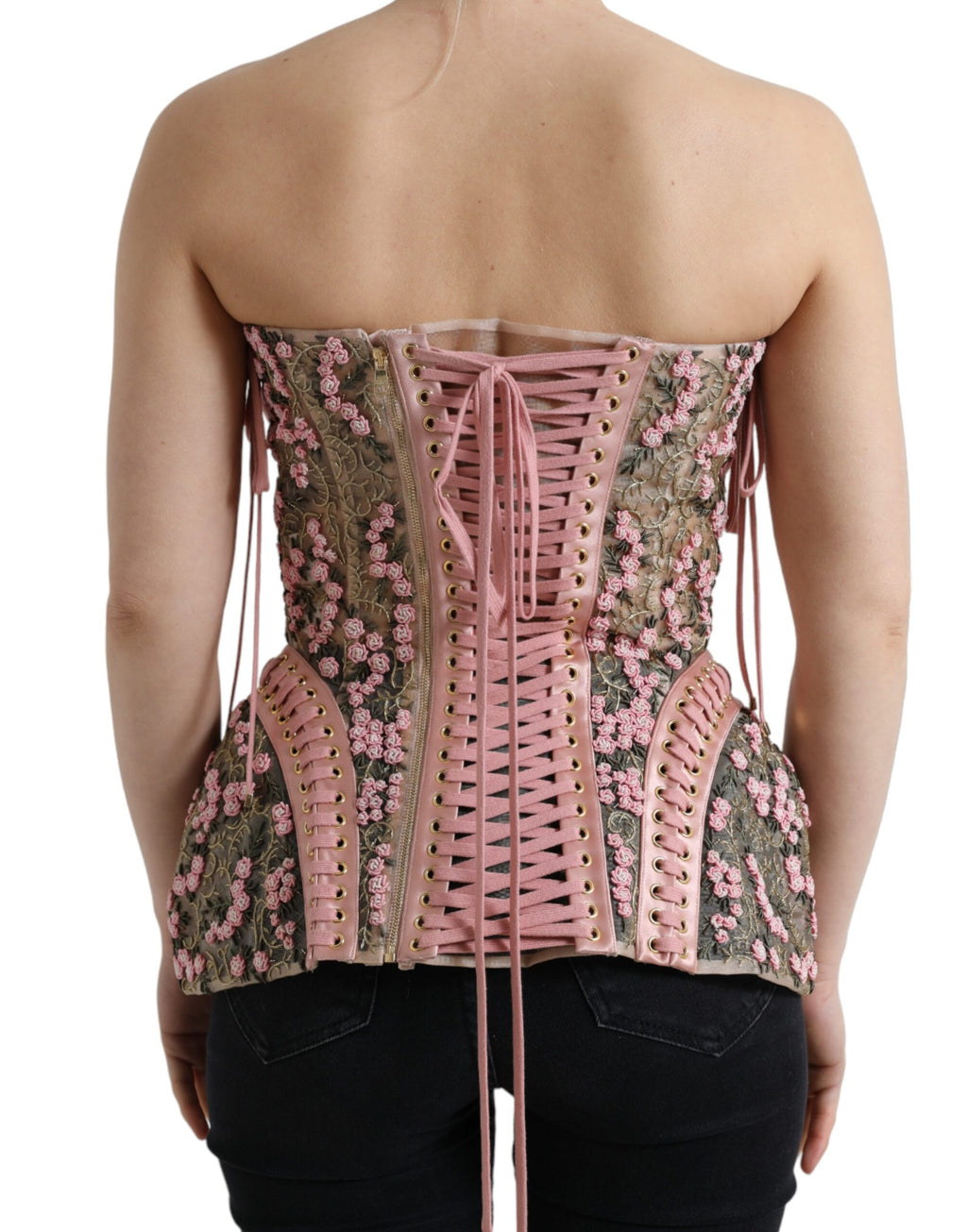 Dolce &amp; Gabbana Pink Floral Applique Bustier Corset Top