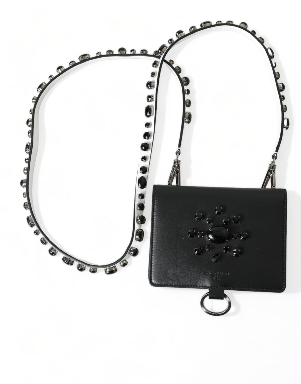 Dolce &amp; Gabbana Black Leather Crystal Embellished Card Holder Wallet