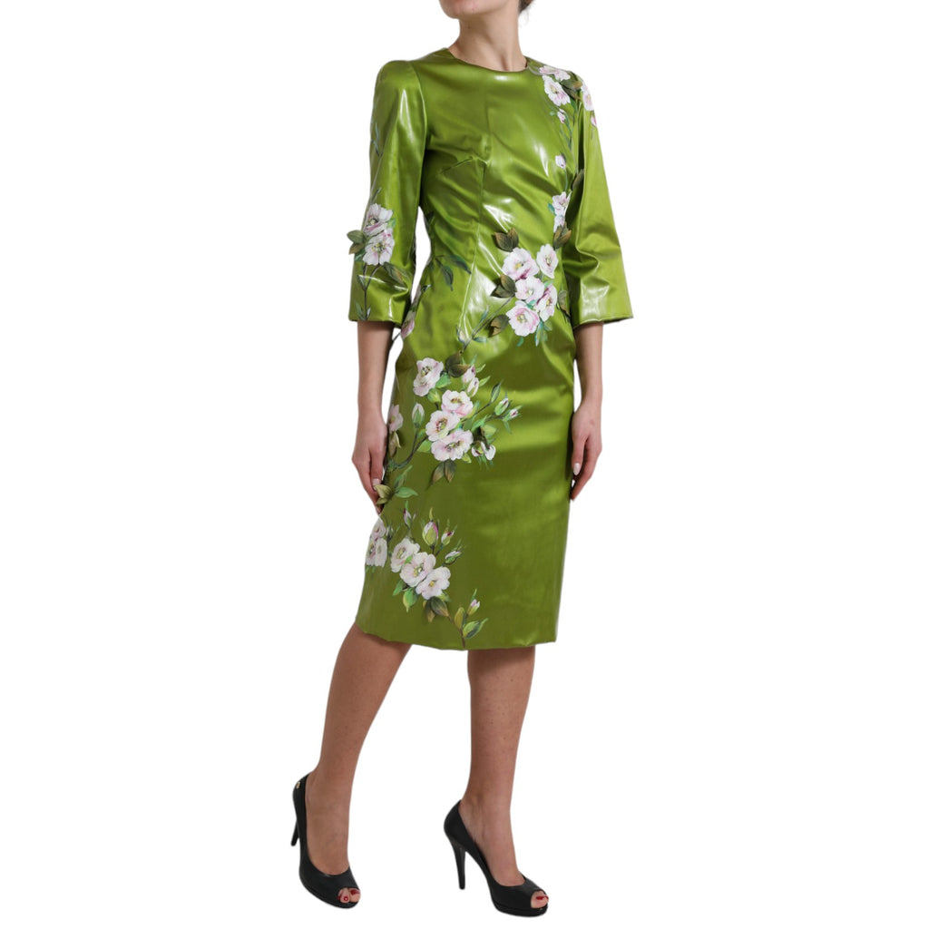 Dolce &amp; Gabbana Green Floral Embellished Sheath Midi Dress