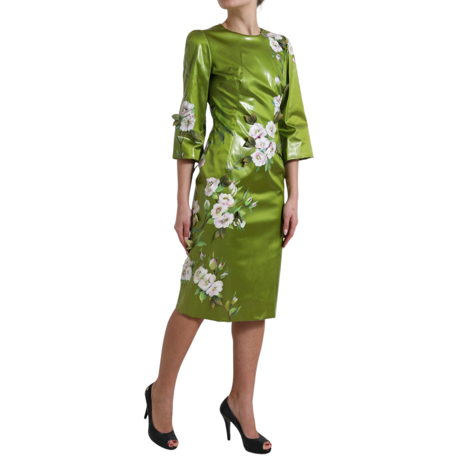 Dolce &amp; Gabbana Green Floral Embellished Sheath Midi Dress