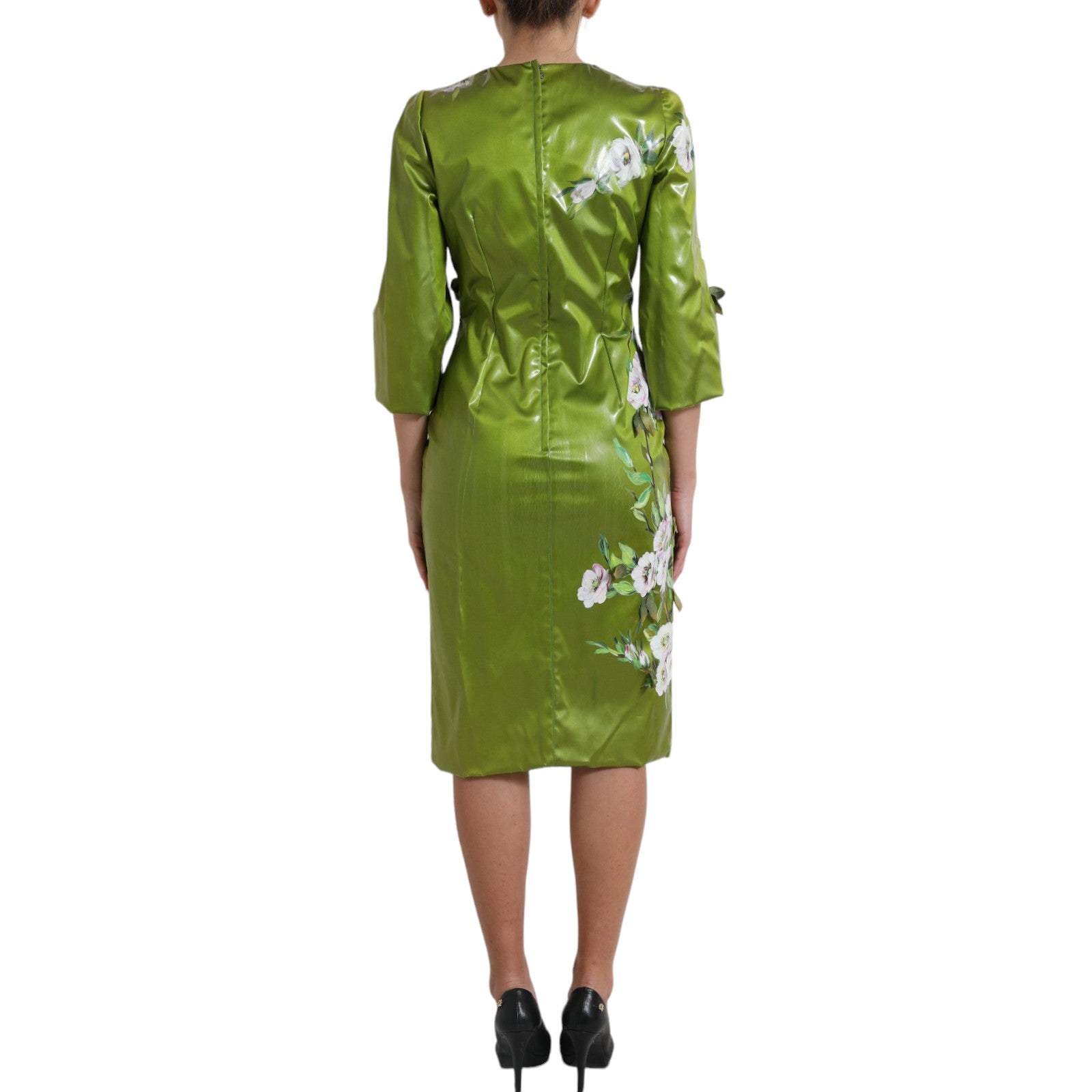 Dolce &amp; Gabbana Green Floral Embellished Sheath Midi Dress