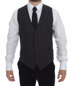Dolce &amp; Gabbana Gray Striped Wool Logo Vest Gilet Weste
