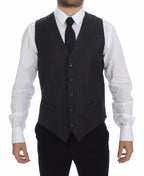 Dolce &amp; Gabbana Gray Striped Wool Logo Vest Gilet Weste