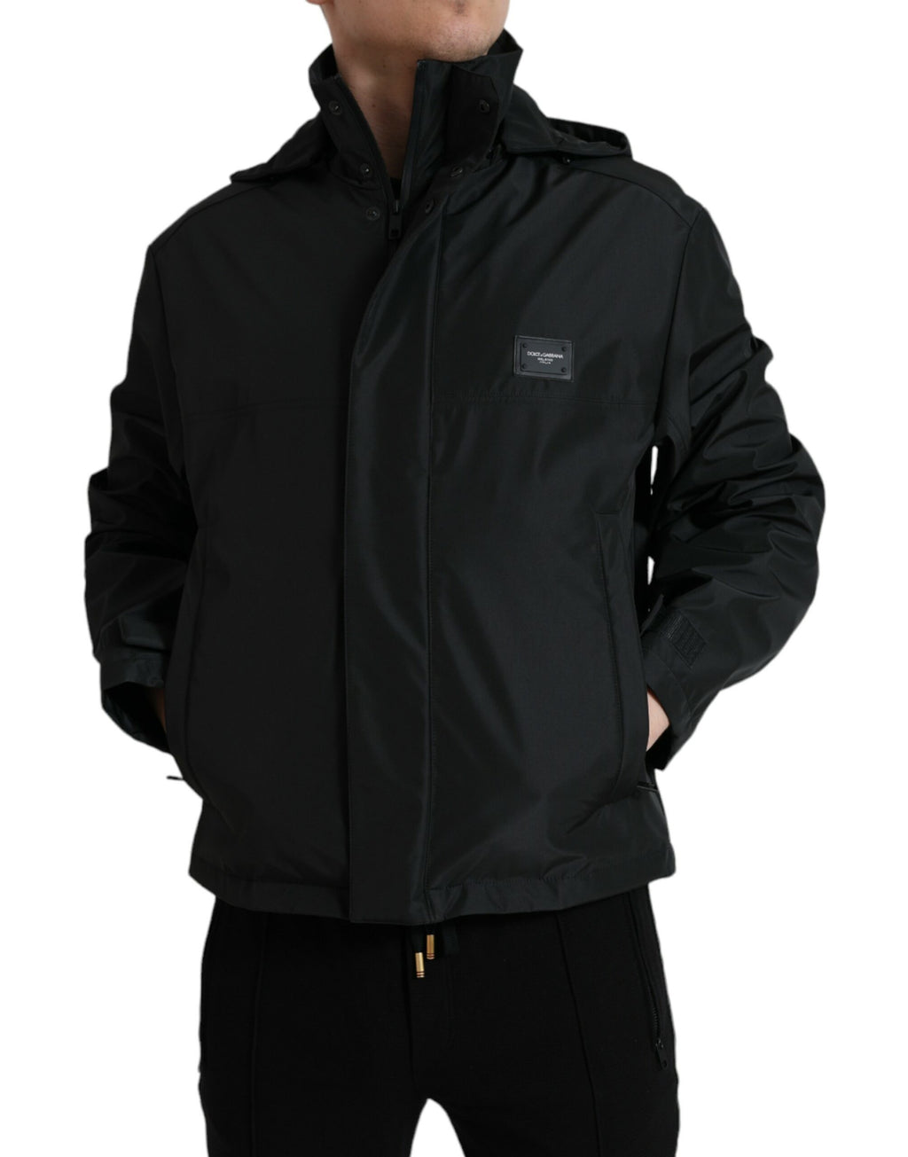 Dolce &amp; Gabbana Black Polyester Logo Plaque Hooded Jacket