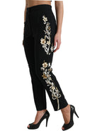 Dolce &amp; Gabbana Black Floral Applique High Waist Tapered Pants