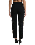 Dolce &amp; Gabbana Black Floral Applique High Waist Tapered Pants