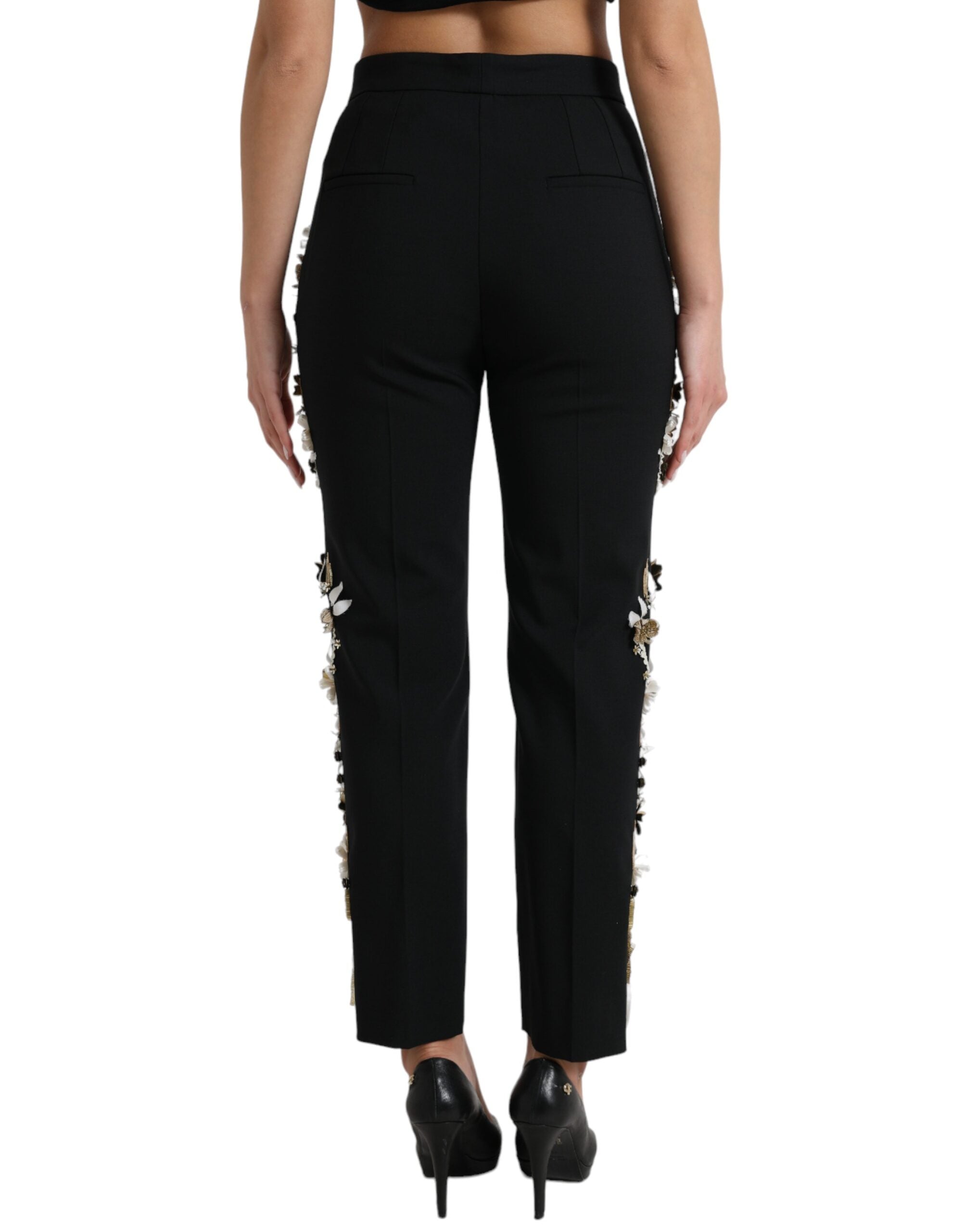 Dolce &amp; Gabbana Black Floral Applique High Waist Tapered Pants