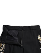 Dolce &amp; Gabbana Black Floral Applique High Waist Tapered Pants