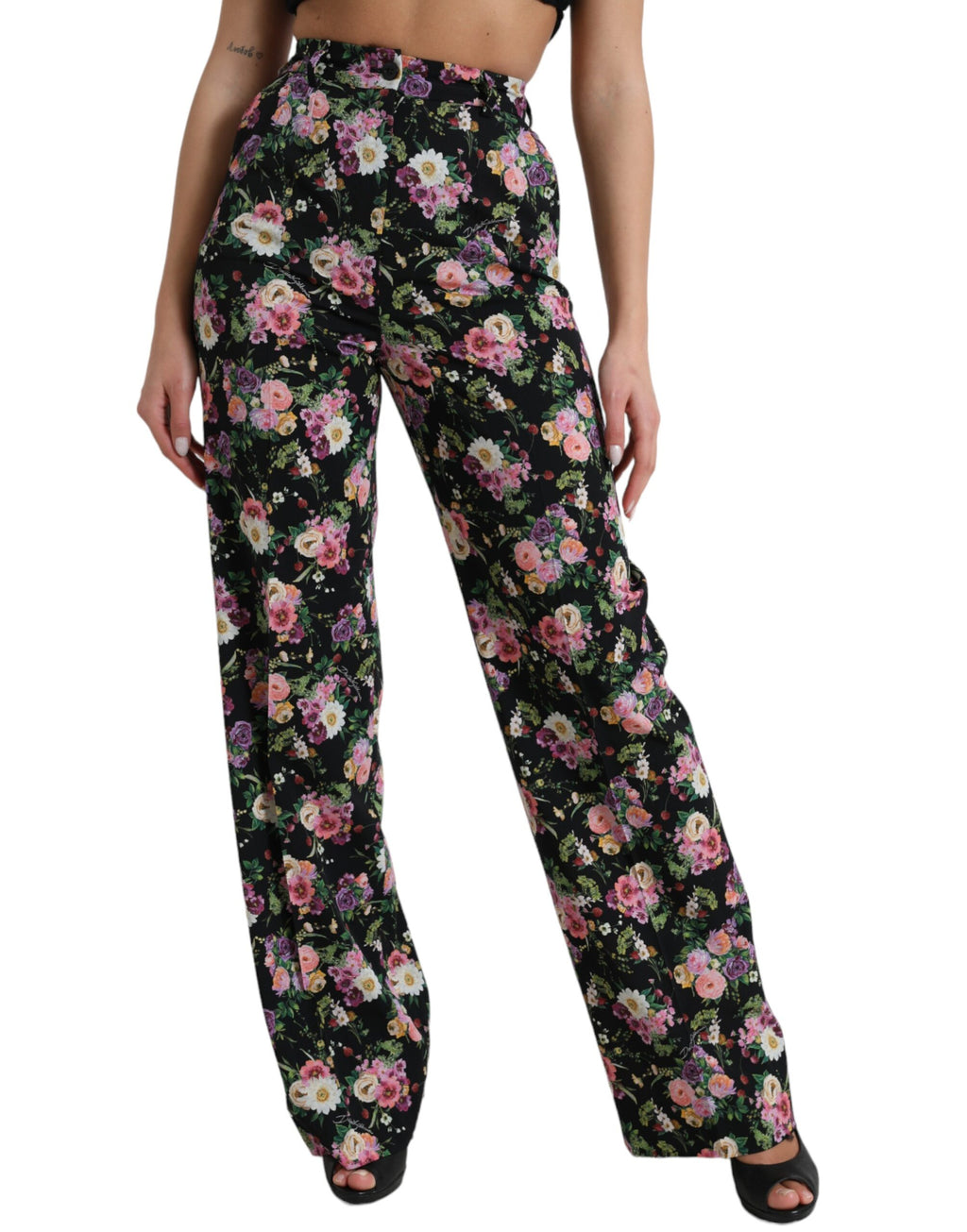 Dolce &amp; Gabbana Black Floral Wool High Waist Wide Leg Pants