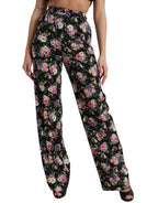 Dolce &amp; Gabbana Black Floral Wool High Waist Wide Leg Pants