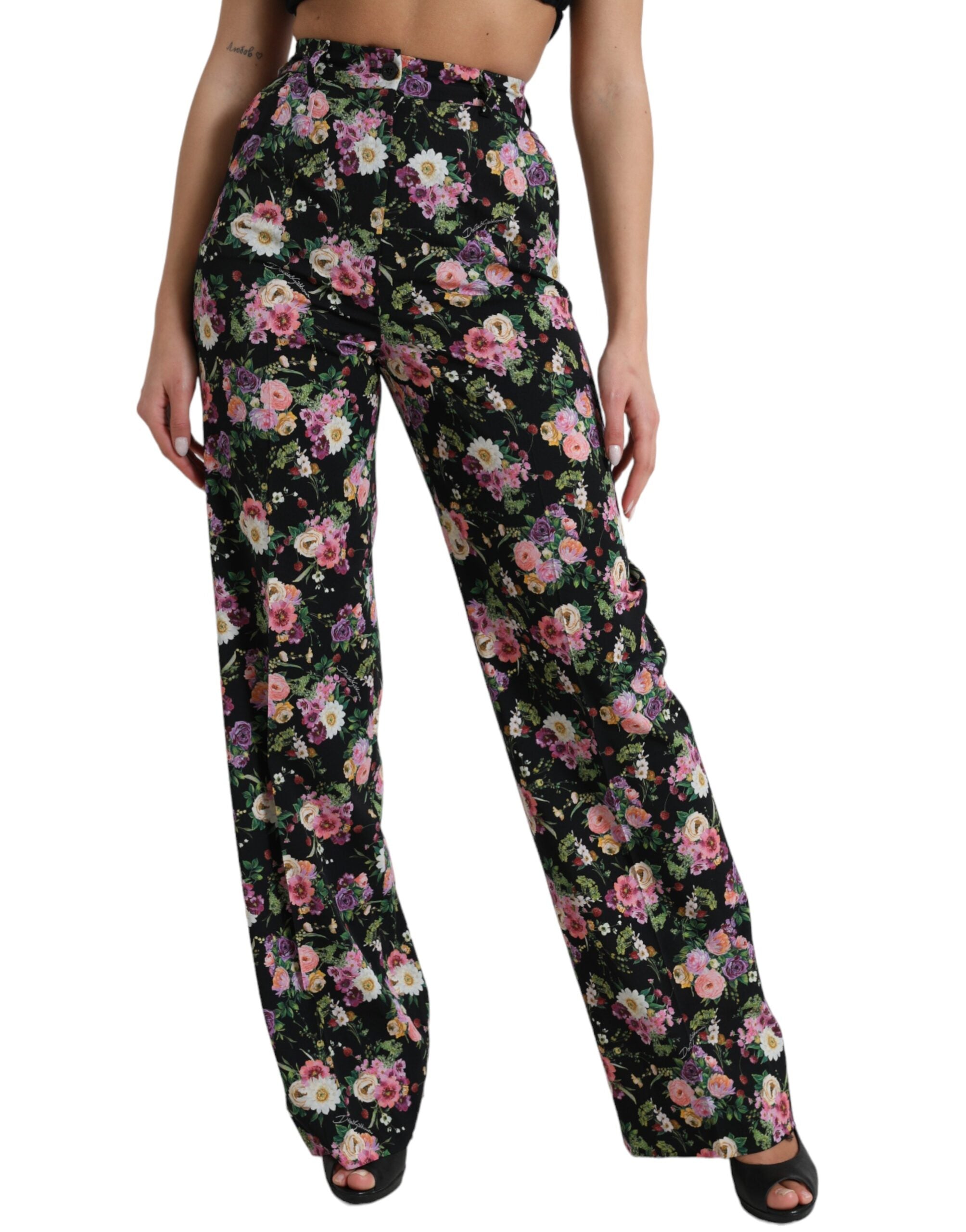Dolce &amp; Gabbana Black Floral Wool High Waist Wide Leg Pants