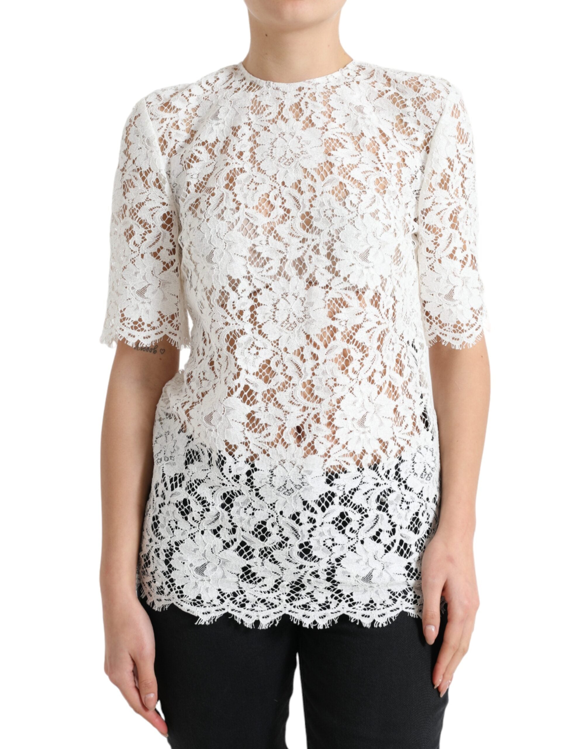Dolce &amp; Gabbana White Floral Lace Cotton Round Neck Blouse Top