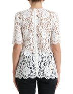 Dolce &amp; Gabbana White Floral Lace Cotton Round Neck Blouse Top