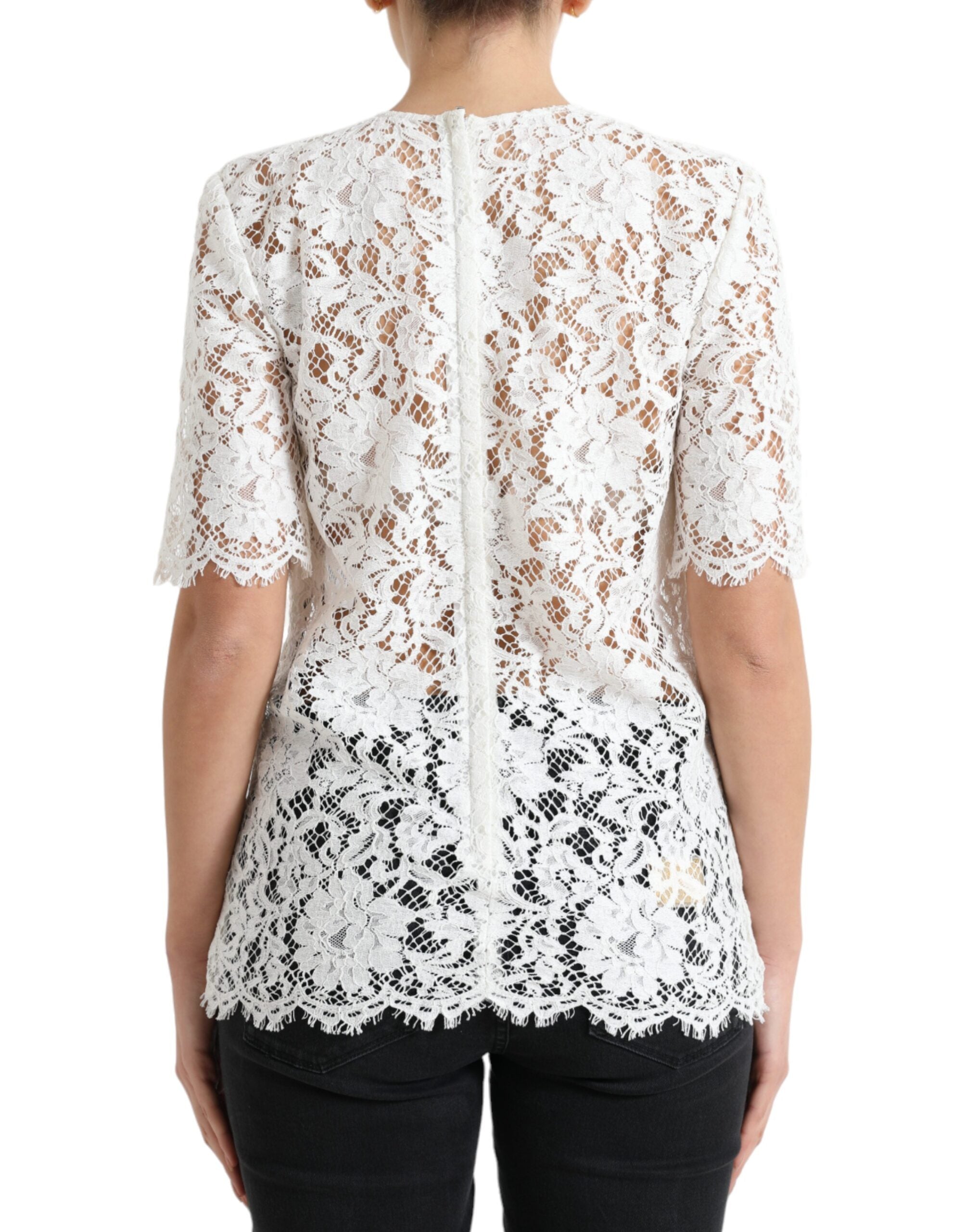 Dolce &amp; Gabbana White Floral Lace Cotton Round Neck Blouse Top