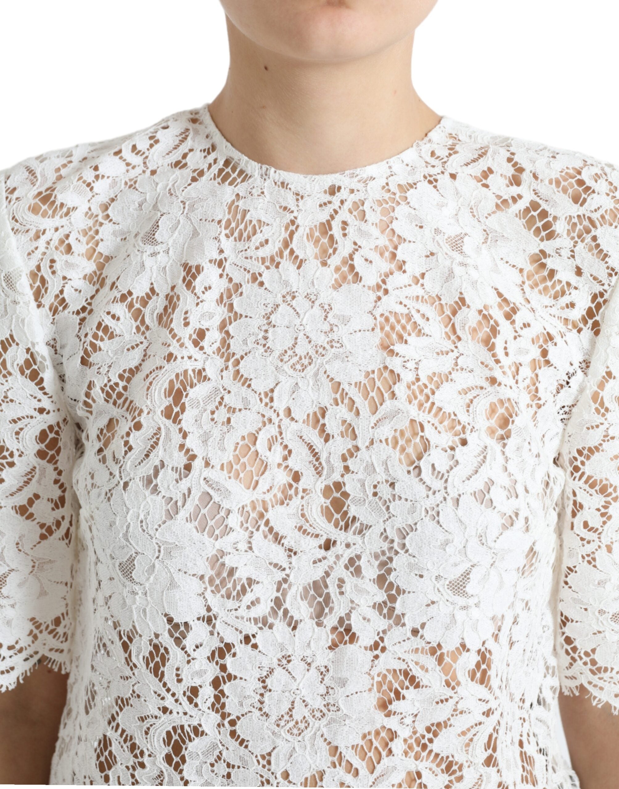 Dolce &amp; Gabbana White Floral Lace Cotton Round Neck Blouse Top