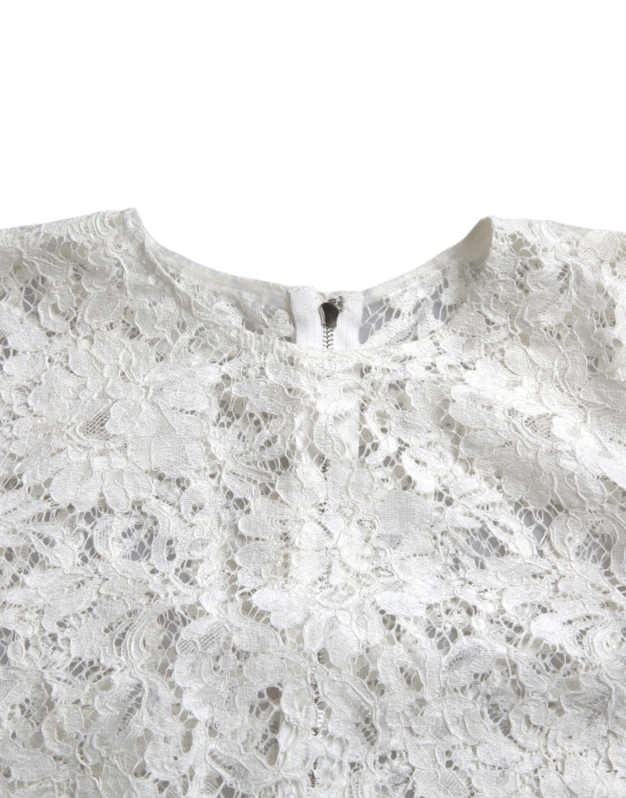 Dolce &amp; Gabbana White Floral Lace Cotton Round Neck Blouse Top