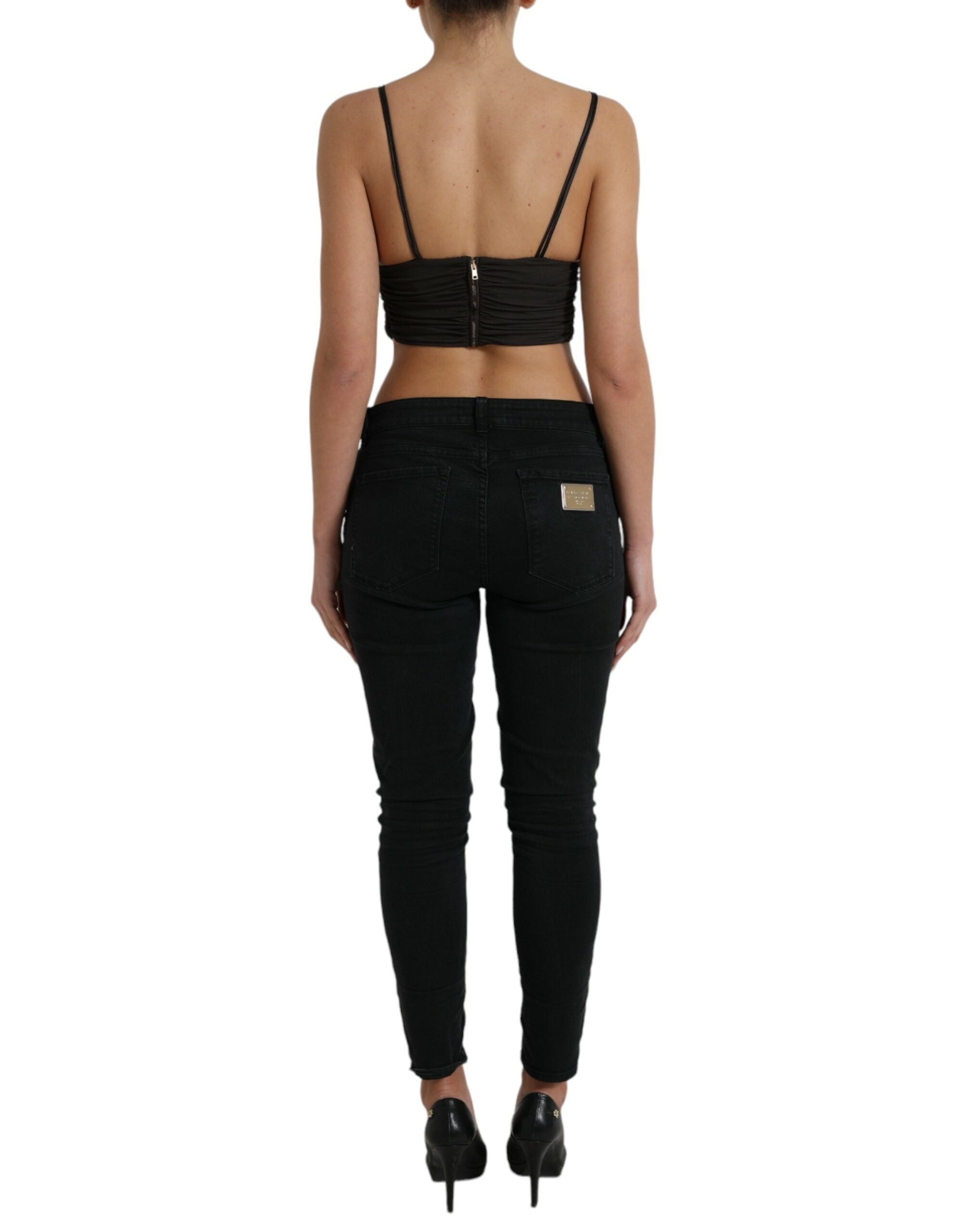 Dolce &amp; Gabbana Brown Viscose Plunging V-neck Cropped Tank Top
